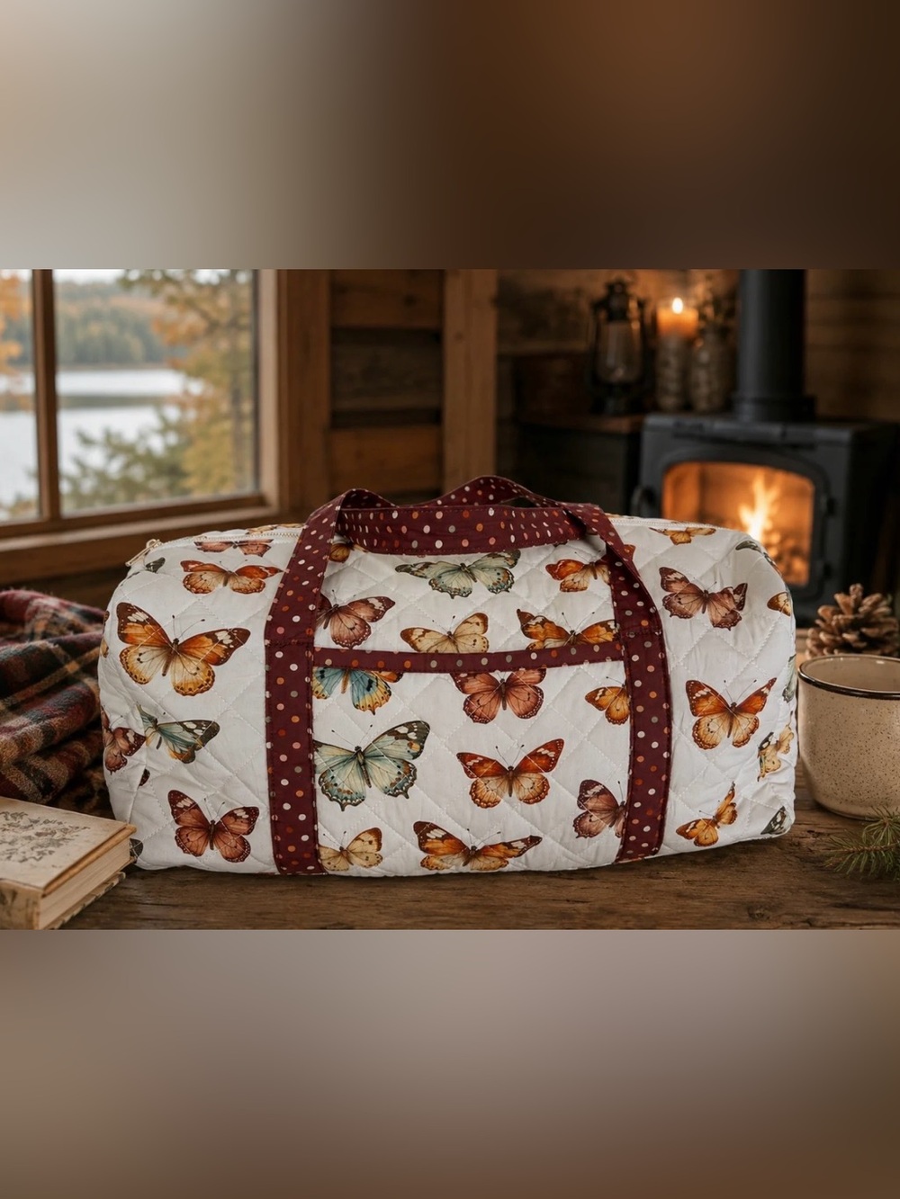 DF1–(🦋🤎 ETA 8/24) Butterfly Print Quilted Duffle Bag in Cream & Rust